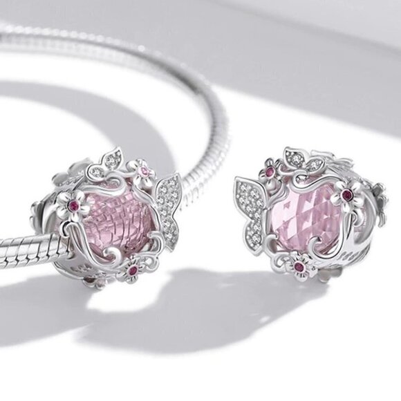 Sterling Silver Cubic Zirconia Butterfly Flower Garden Charm - Picture 2 of 6